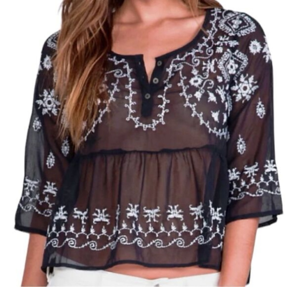 Free People Black Sheer Chiffon Blouse with White Embroidery - Picture 3 of 12